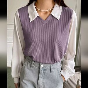 Purple Ribbed Sweater Vest Layered with White Dresss Shirt